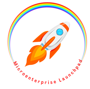 Image of rocket flyiny towards a coloufull rainbow with text underneath microenterprise launchpad