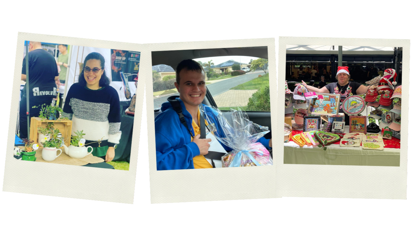 Polaroids of Laura's plant stall, Harry delivering a box of happiness, and Catherine's market stall.