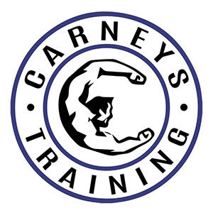 Image of a muscular figure encircled by the words Carney's Training