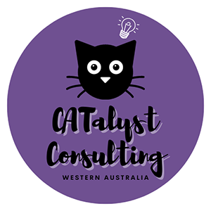 Image of Black cat face with purple background with the words Catalyst Consulting Western Australia positioned at the bottom