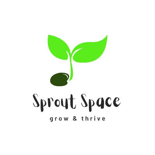 A green sprout shooting from a seed with text Sprout Space: grow and thrive below it.